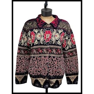 Christopher & Banks Button Cardigan Sweater Abstract Fair Isle Blue Red Taupe XL
